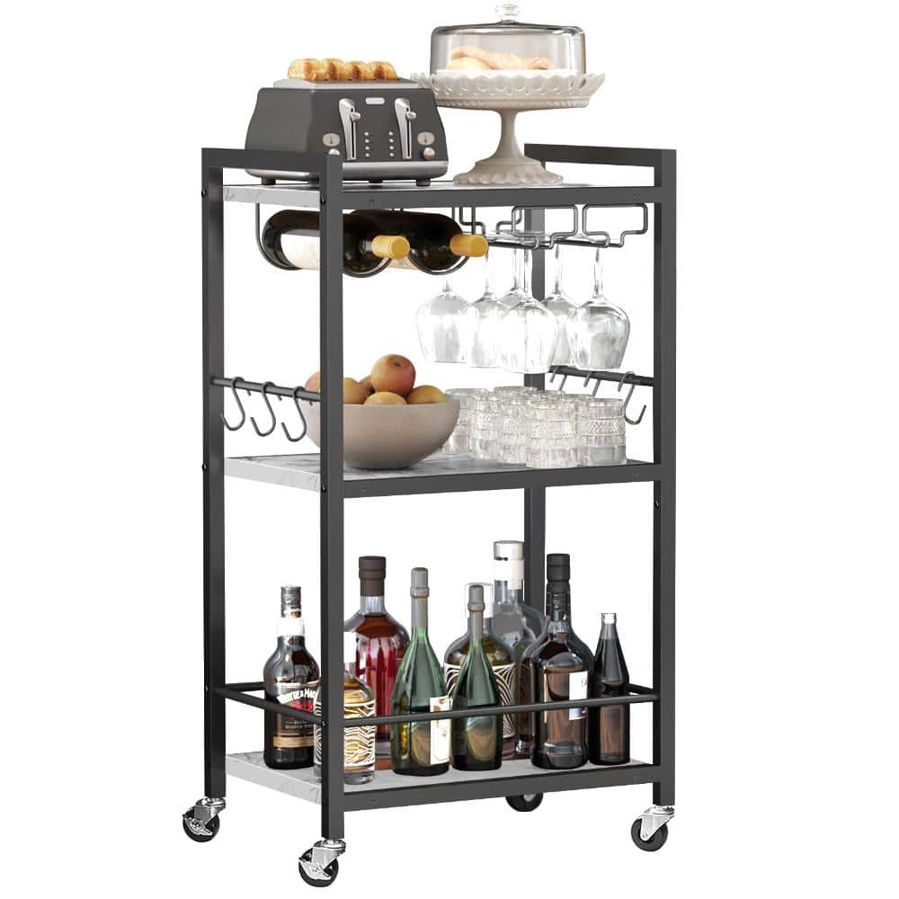 13 x 17 x 33 in 3 Tier Bar Cart with Wine Rack and Glass Holder Marble White price history on PriceWatchPro