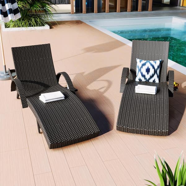 OLUMAT 80''L Black Wicker Outdoor Chaise Lounge with Adjustable Backrest and Pull-out Side Table (Set of 2)