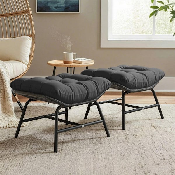 2-Pack Armless Wicker Outdoor Ottomans with Gray Cushions, Metal Frame Patio Footrest for Backyard and Garden