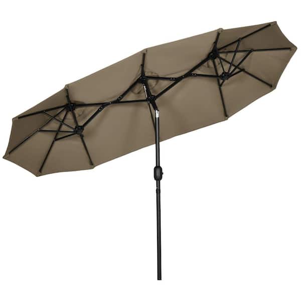 Sudzendf 9.5 ft. Steel Double-sided Market Patio Umbrella in Brown with Push Button Tilt and Crank, 3-Air Vents and 12-Ribs