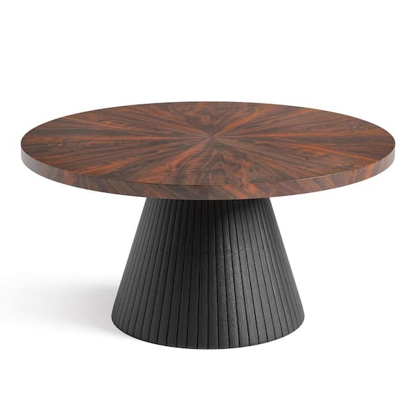 Fazzy 36 in. Black Round High-gloss Wood Top Coffee Table with Parquet Pattern and Reeded Drum Base