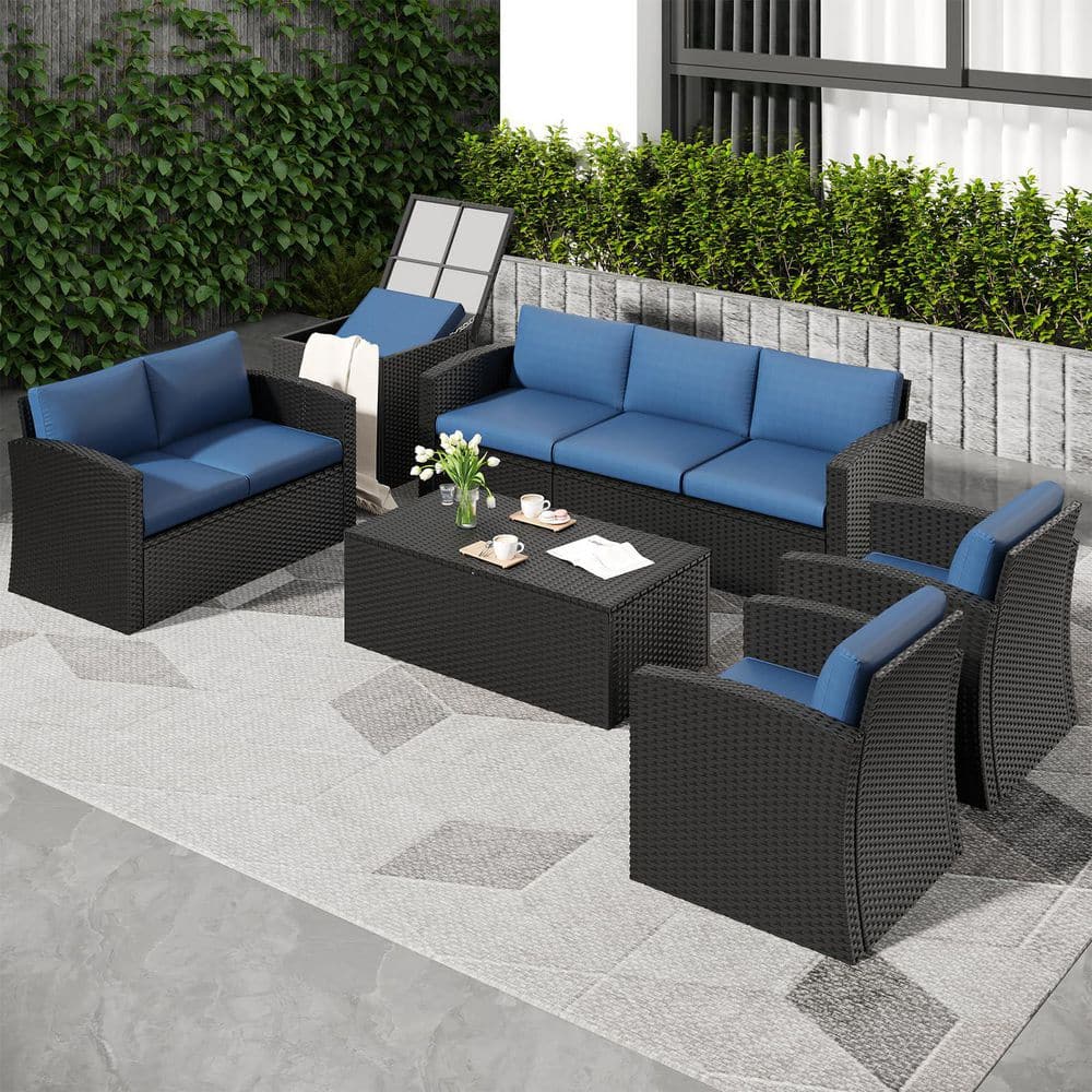 Black 6-Piece Wicker Patio Conversation Set with 2 Storage Boxes and Dark Blue Cushions price history on PriceWatchPro