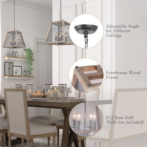 4-Light Gray Modern Industrial Wood Cage Lantern Chandelier for Foyer