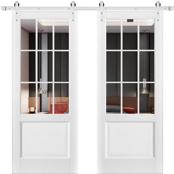 Sartodoors 18 in. x 80 in. 2 Panel Clear Glass White Solid Wood Sliding Barn Door with Hardware Kit