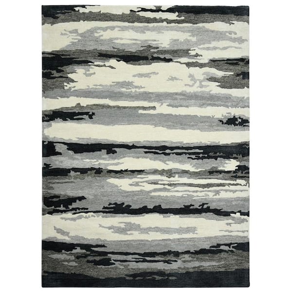 2' X 3' Dark Gray Black And Ivory Wool Abstract Hand Tufted Area Rug