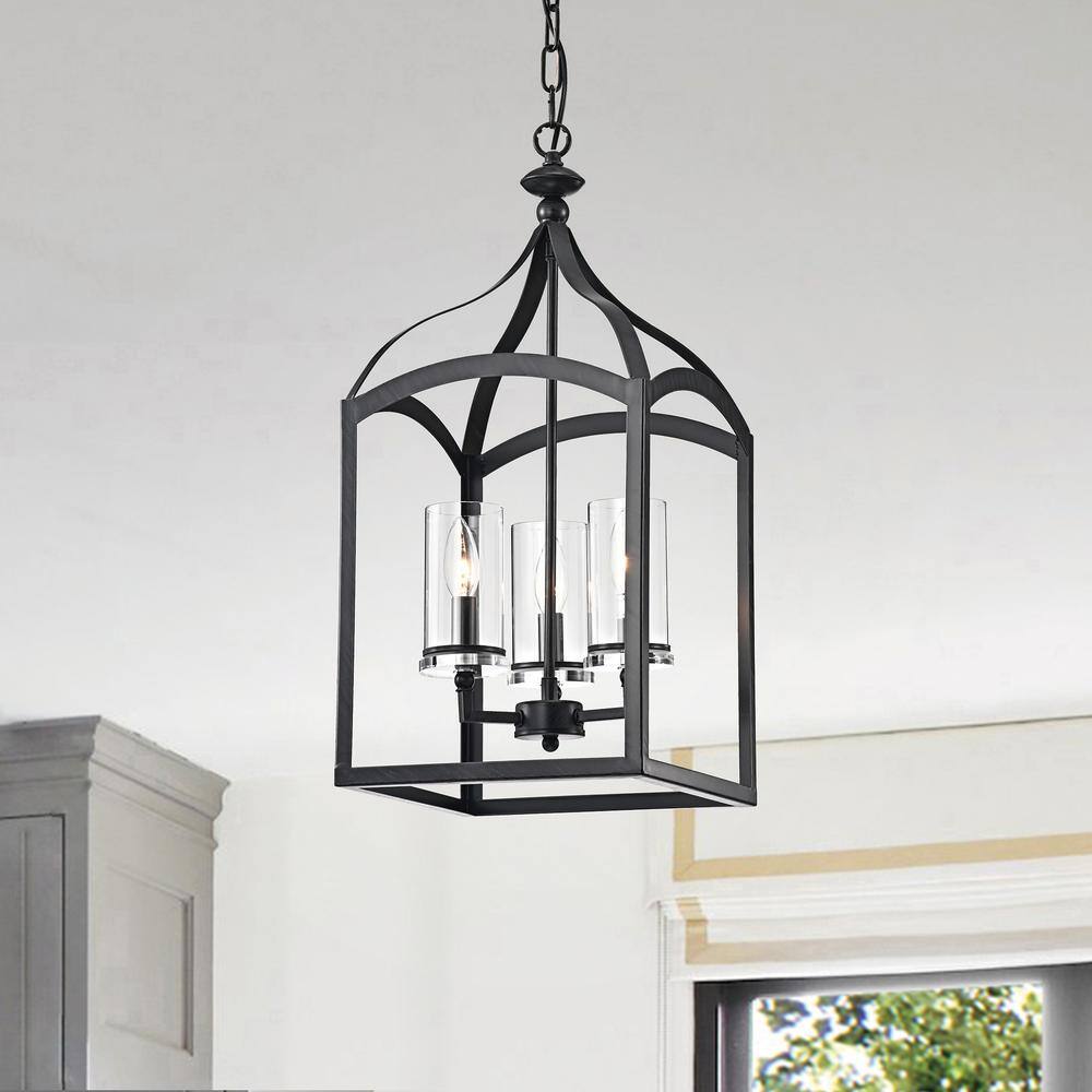 Antique Black 3-Light Lantern Pendant with Clear Glass Shades