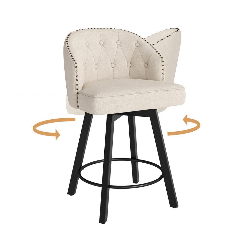 Linen Upholstered Swivel Counter Stools with Metal Legs, Set of 2