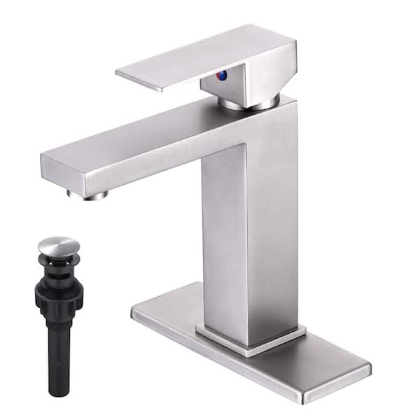 Single Handle Single Hole Bathroom Faucet with Deckplate and Pop Up Drain Included in Brushed Nickel