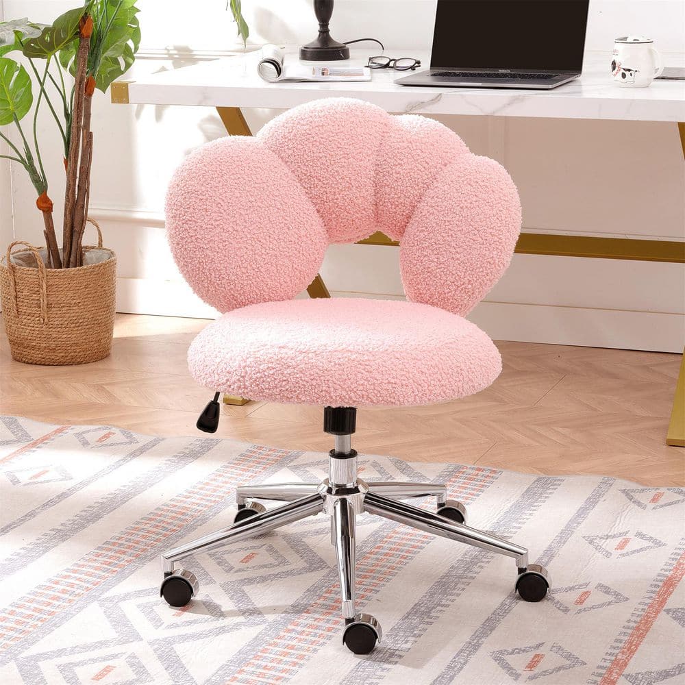 Teddy Desk Chair Shearling Fabric Adjustable Swivel Office Chair Task Chair in Pink with Silent Swivel Wheels