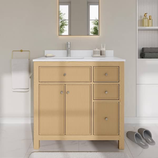 Pendry 36 in. Single Freestanding Tanned Oak Bath Vanity with White Quartz Top Assembled