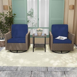 3-Piece Patio Wicker Conversation Set with Blue Cushions and Side Table