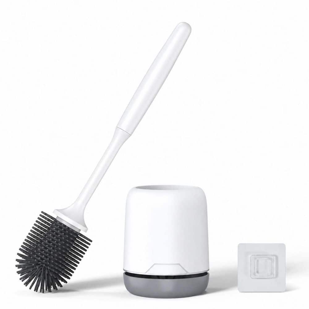 Toilet Brush and Holder Bathroom Cleaner Set TPR Soft Bristle Non-Slip Handle Wall Mount or Floor Standing