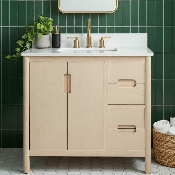 Montrose 37 in. Single Sink Natural Elm Bath Vanity with White Quartz Top (Assembled)