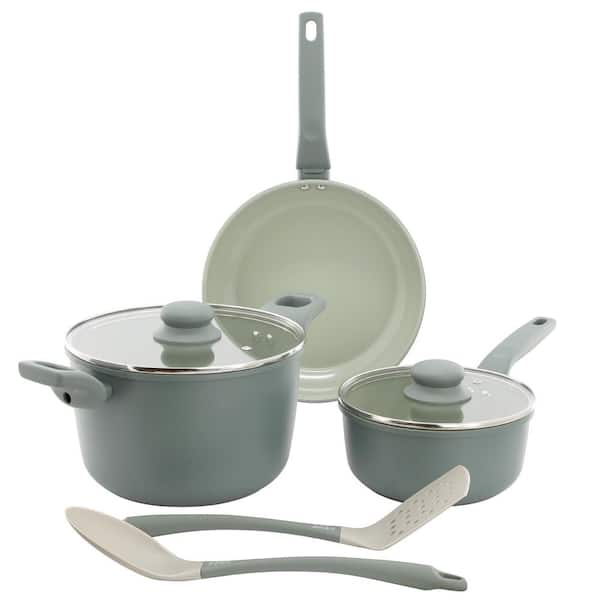 7 Piece Ceramic Nonstick Aluminum Cookware Set in Sage Green