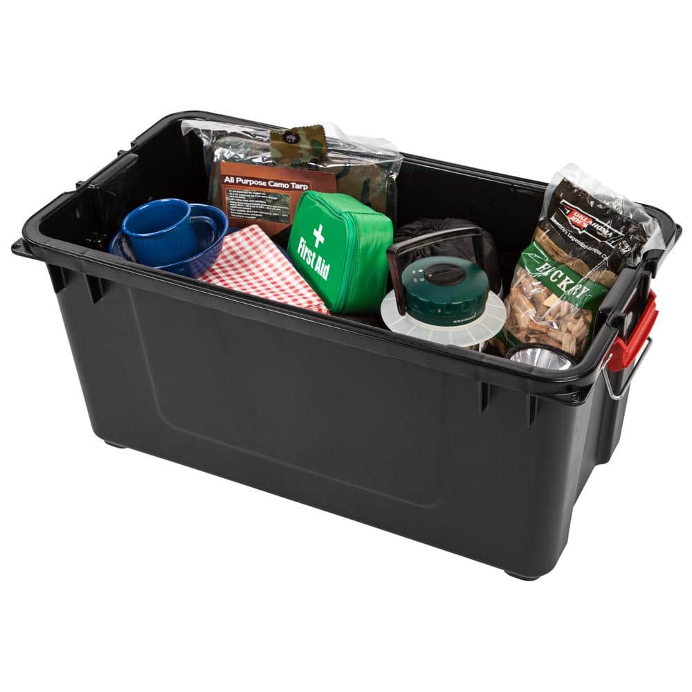 Heavy Duty Black Plastic Stackable Storage Totes with Lids, 82 Quart, Set of 4