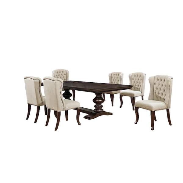 Best Quality Furniture Juanita 7-Piece Beige Seating Rectangular Wood Cappuccino Dining Table Set Linen Fabric Chairs