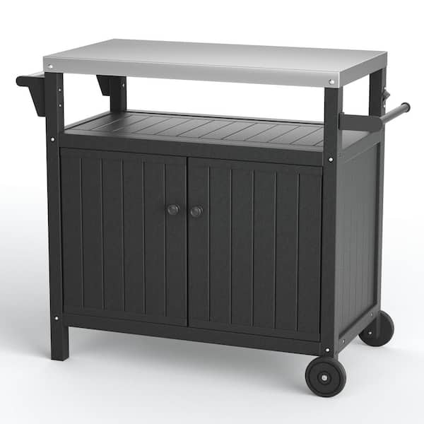 UPLAND Outdoor Grill Cart Table with Storage Waterproof Grill Cabinet, Stainless Steel Tabletop Outdoor Kitchen Island, Black