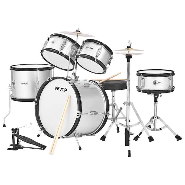 Kids Drum Set, 5-Piece 16 in. Junior Beginner Drums Set, Adjustable Throne, Cymbal & Two Pairs of Drumsticks, Silver