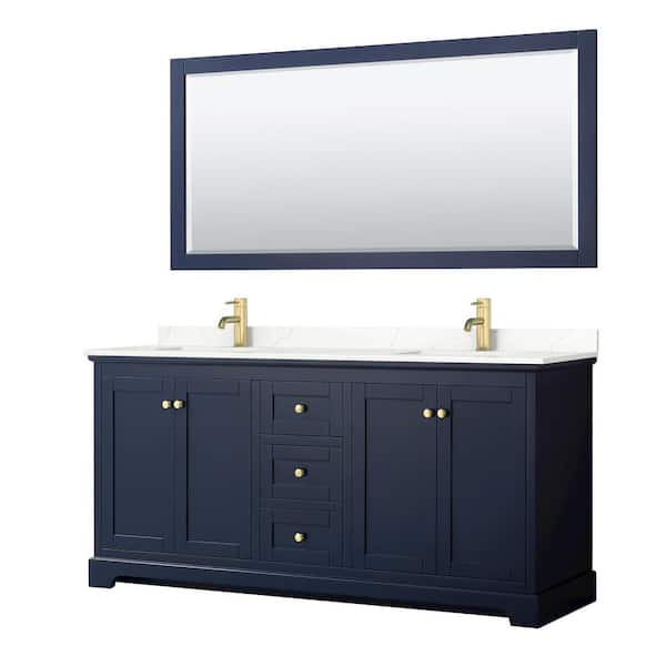 Wyndham Collection Avery 72 in. W x 22 in. D x 35 in. H Double Bath Vanity in Dark Blue with Giotto Quartz Top and 70 in. Mirror