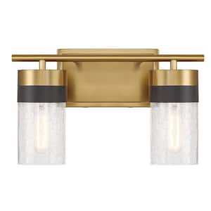 Brickell 14 in. 2-Light Warm Brass/Black Vanity Light with Crackled Glass Shades