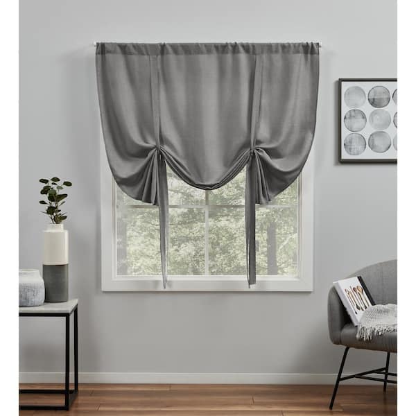EXCLUSIVE HOME Loha Black Pearl Solid Light Filtering 3" Rod Pocket Tie Up Shade, 54 in. W x 63 in. L