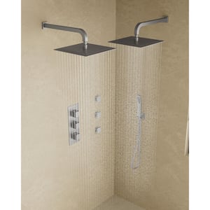 Thermostatic Valve 8-Spray 12 in. and 12 in. Wall Mount Dual Shower Head and Handheld Shower 2.5 GPM in Brushed Nickel