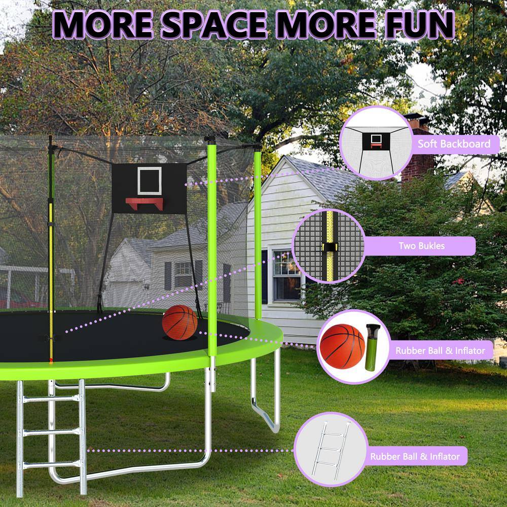 14FT Green Round Trampoline with Enclosure and Ladder