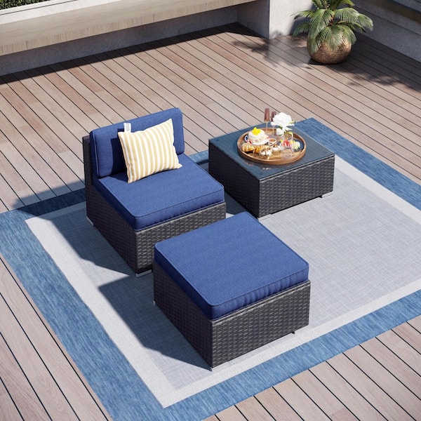 Dark Brown Rattan Wicker 2-Seat 3-Piece Steel Patio Outdoor Sectional Set with Blue Cushions, Ottoman and Coffee Table