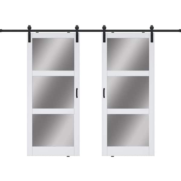 ARK DESIGN 72 in. x 84 in. 3-Lite Mirrored Glass White Finished Composite MDF Barn Door Slab with Hardware Kit