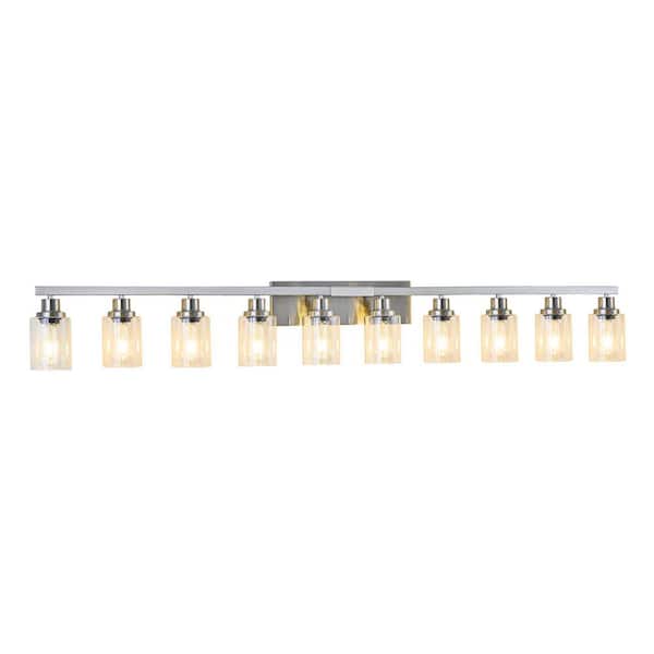65.4 in. 10-Light Brushed Nickel Metal LED Bathroom Vanity Light with Clear Glass, Support Brightness Adjustment