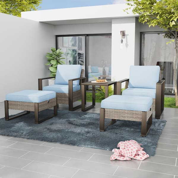 MeetLeisure 5-Piece Wicker Outdoor Patio Conversation Set Rectangular Frame with Light Blue Cushions
