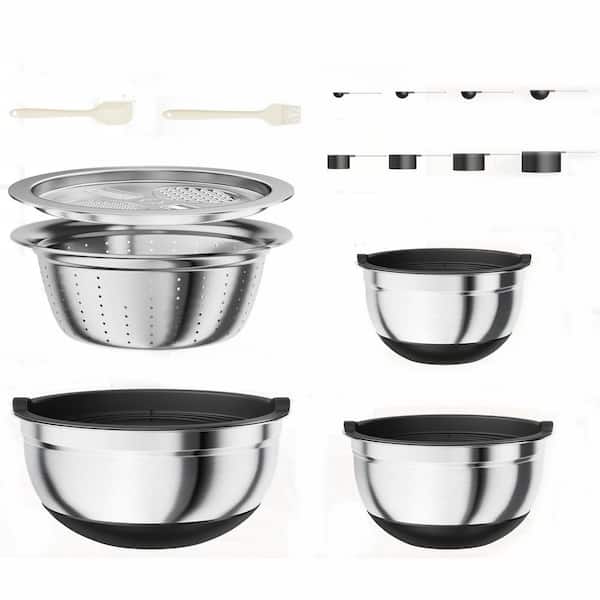 6-Piece Stainless Steel Black Mixing Bowl Set with Colander Grater Measuring Spoons Spatula Oil Brush Lids