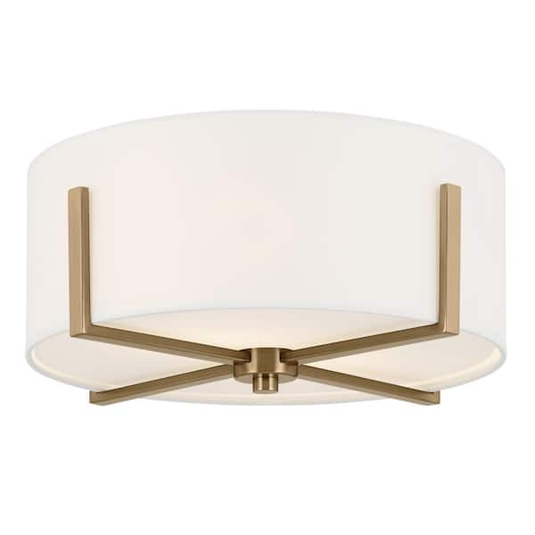 KICHLER Malen 15.5 in. 2-Light Champagne Bronze Traditional Bedroom Flush Mount Ceiling Light with White Fabric Shade