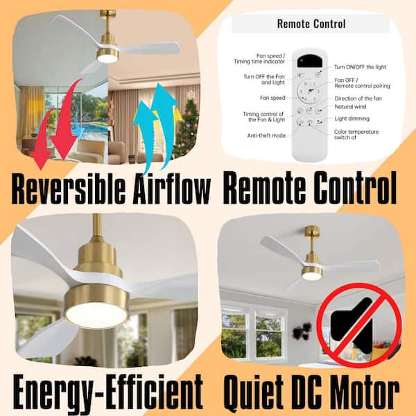48 in. White Downrod Mount Standard Ceiling Fan With 3-Solid Wood Blades Remote Control  For Living Room