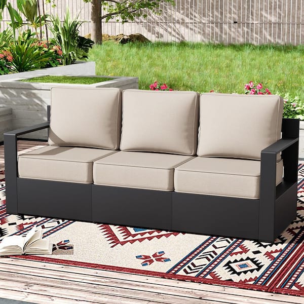 3-Seat Aluminum Armrest Outdoor Couch with Beige Cushions