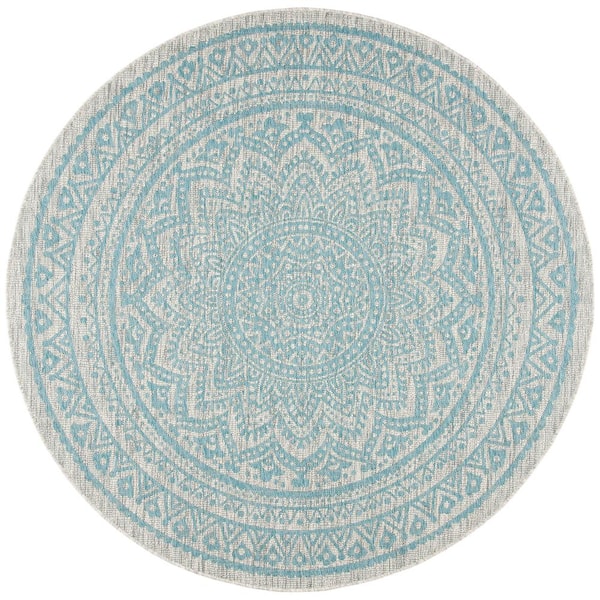 SAFAVIEH Courtyard Light Gray/Aqua 7 ft. x 7 ft. Round Geometric Indoor/Outdoor Patio  Area Rug