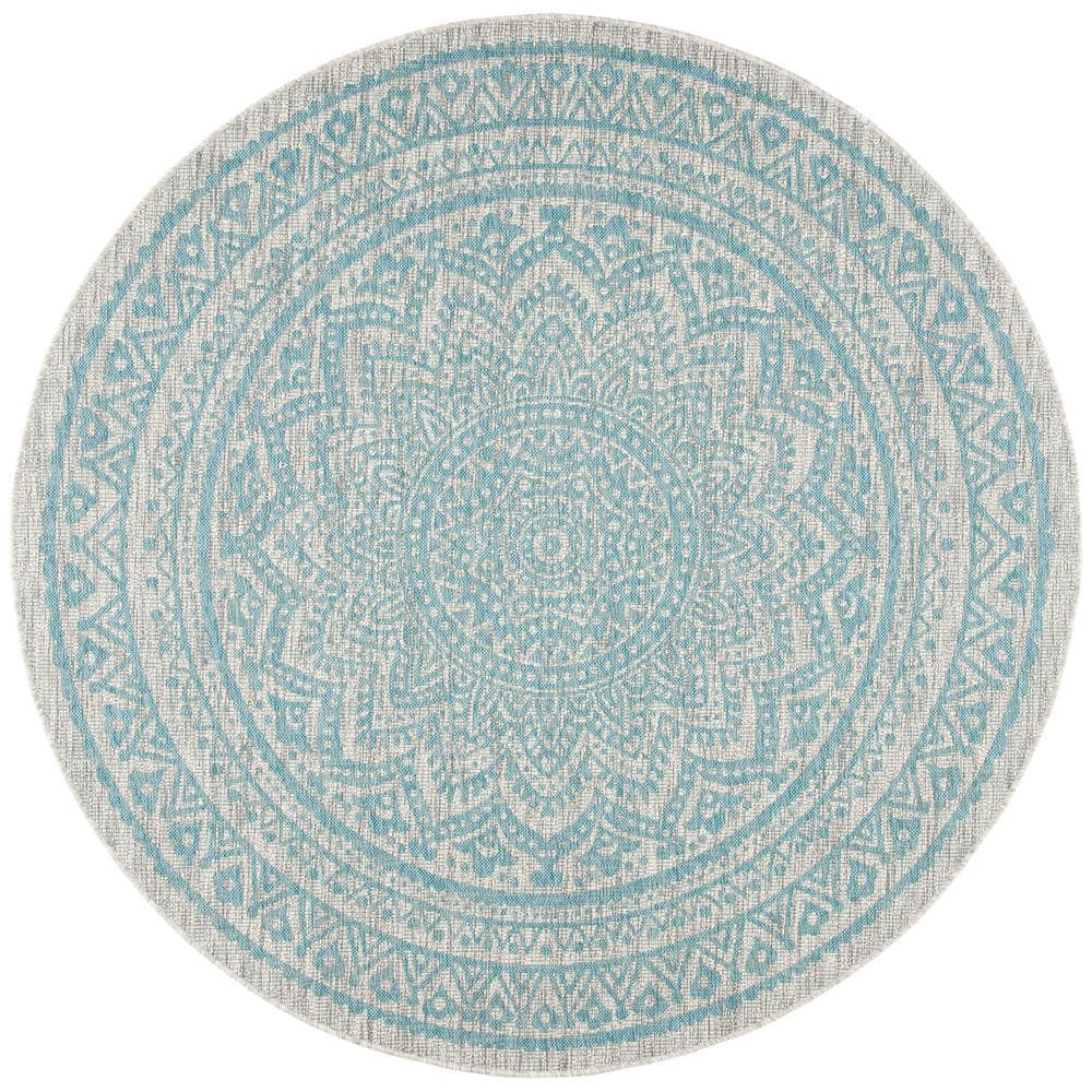 Courtyard Light Gray/Aqua 8 ft. x 8 ft. Medallion Indoor/Outdoor Round Area Rug price history on PriceWatchPro