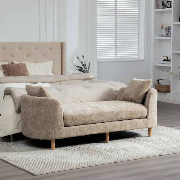 Raymond Modern 77.2 in. Wheat Chenille Upholstered Bedroom Bench with Armrests and 2 Pillows