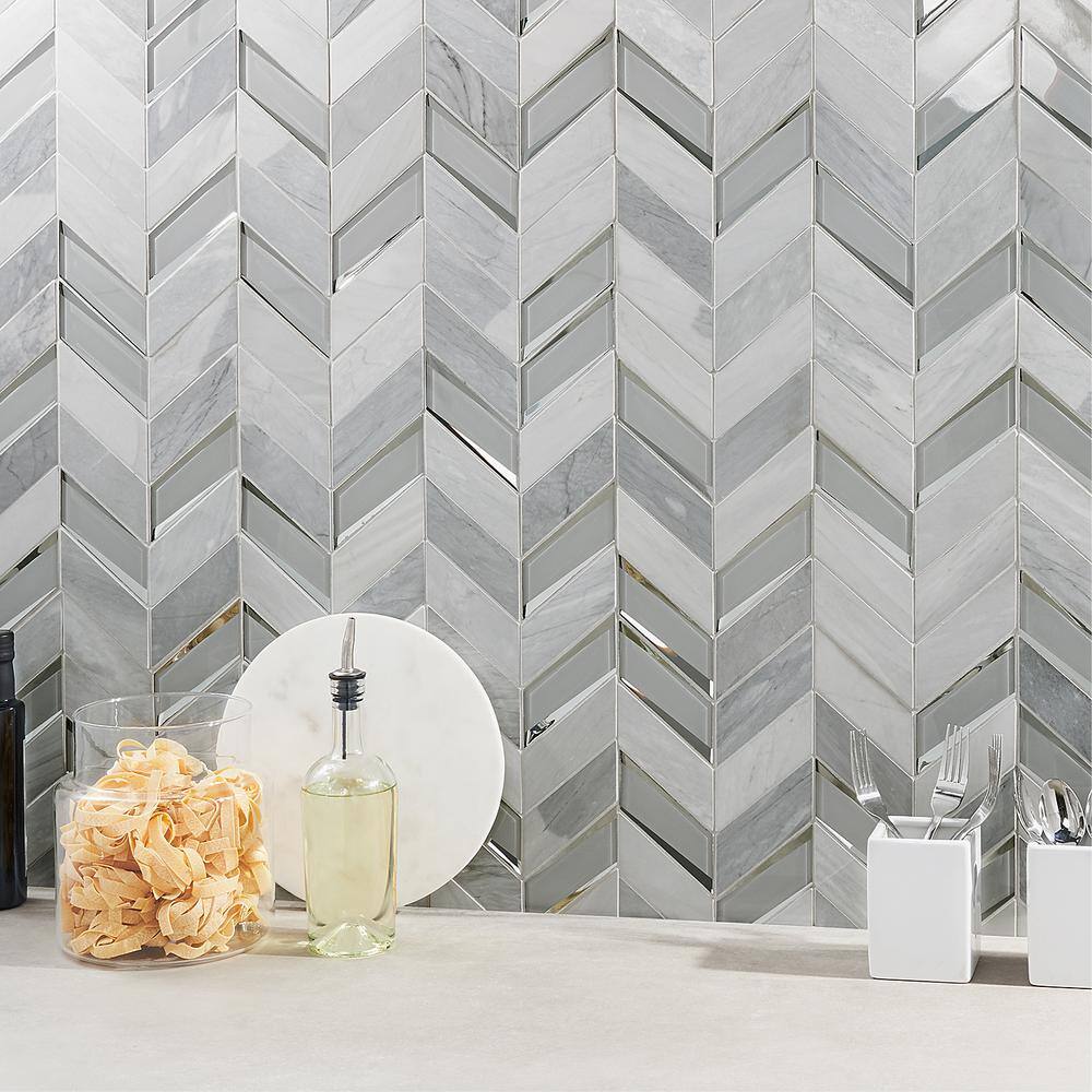 Verona Polished Gray Marble Chevron Mosaic Tile