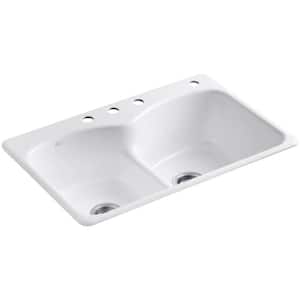 Langlade Drop-In Cast Iron 33 in. 4-Hole Double bowl Kitchen Sink in White