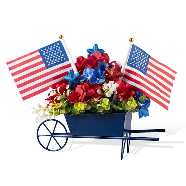 11 in. H Patriotic/ Americana Hydrangea Metal Wagon Centerpiece