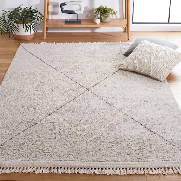 Easy Care Grey/Ivory 6 ft. x 6 ft. Machine Washable Border Striped Geometric Square Area Rug
