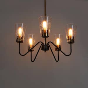 5-Light Black Island Chandelier Lighting, Seeded Glass Brass Gold Pendant Light, Modern Farmhouse Light Fixture