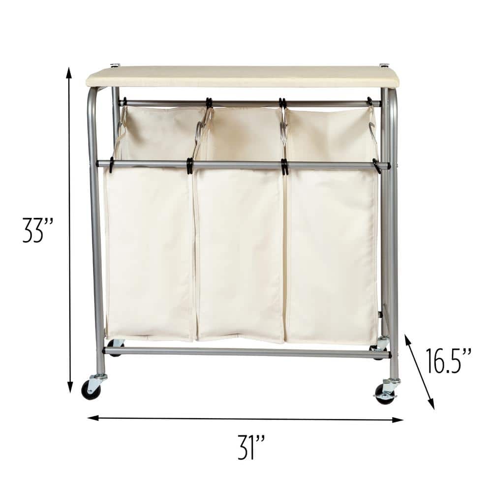 Natural Triple Laundry Sorter with Ironing Board and Locking Wheels