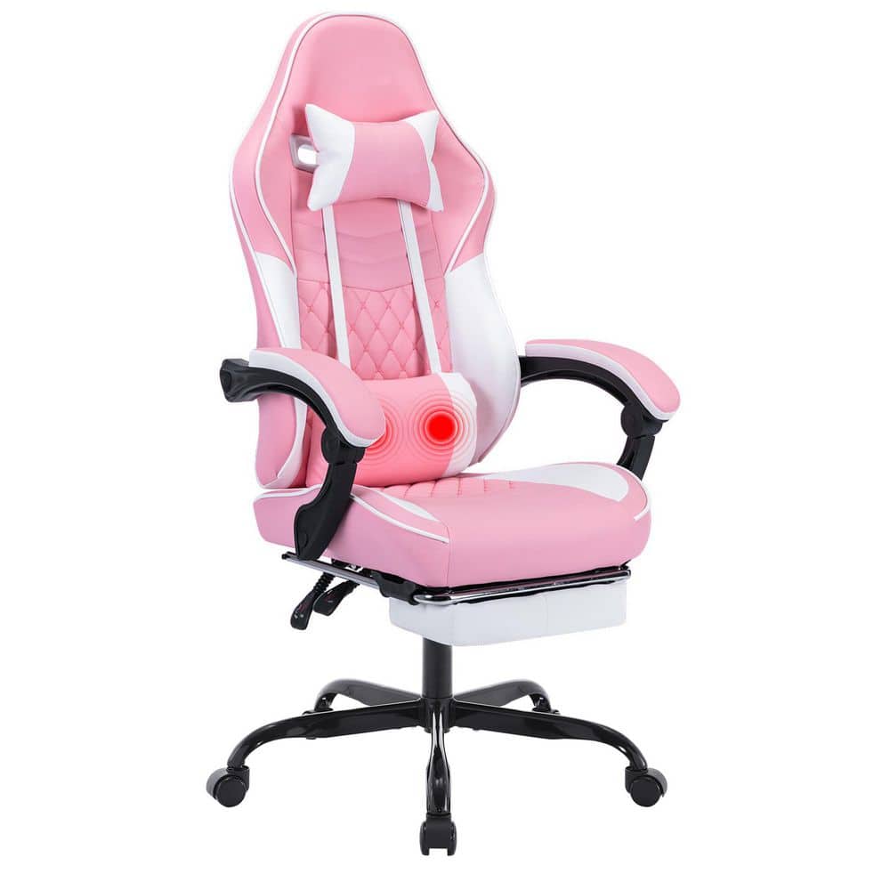 Faux Leather High Back Office Chair Gaming Chair in Pink+White with Lumbar Support, Adjustable Headrest, Footrest
