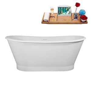 67 in. x 32 in. Acrylic Freestanding Soaking Bathtub in Matte White With Glossy White Drain, Bamboo Tray