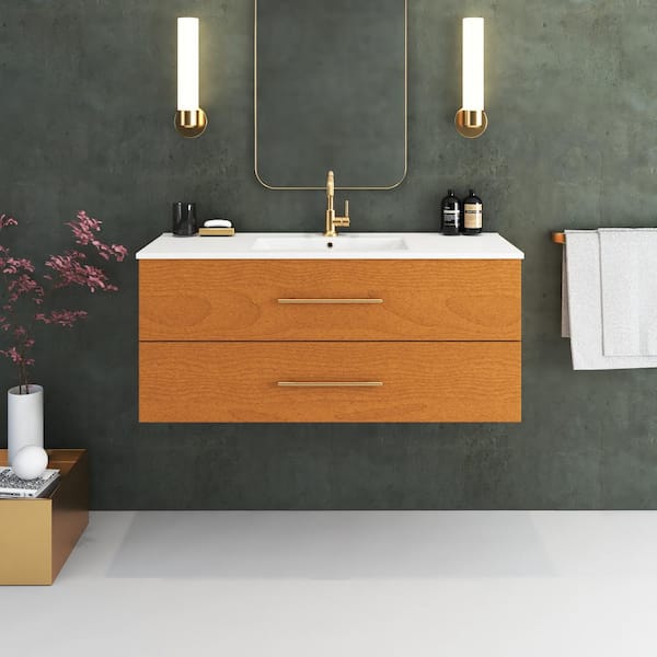 VOLPA USA AMERICAN CRAFTED VANITIES Napa 48 in. W x 18 in. D Single Sink Bathroom Vanity Wall Mounted In Pacific Maple with Ceramic Integrated Countertop