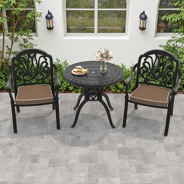 Elizabeth Black 3-Piece Cast Aluminum Outdoor Dining Set with 31.50 in. Round Table and Random Color Seat Cushions