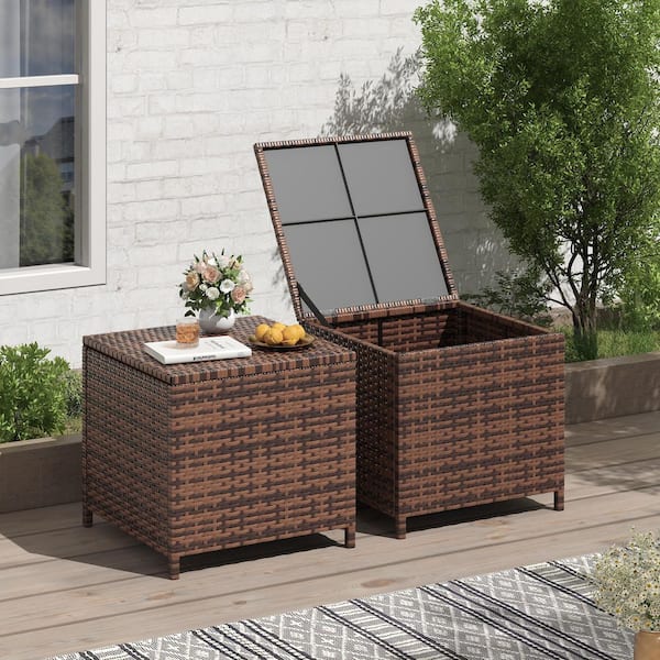 Alexandia Outdoor Wicker Side Table Patio Coffee Table with Storage (Brown, Set of 2)