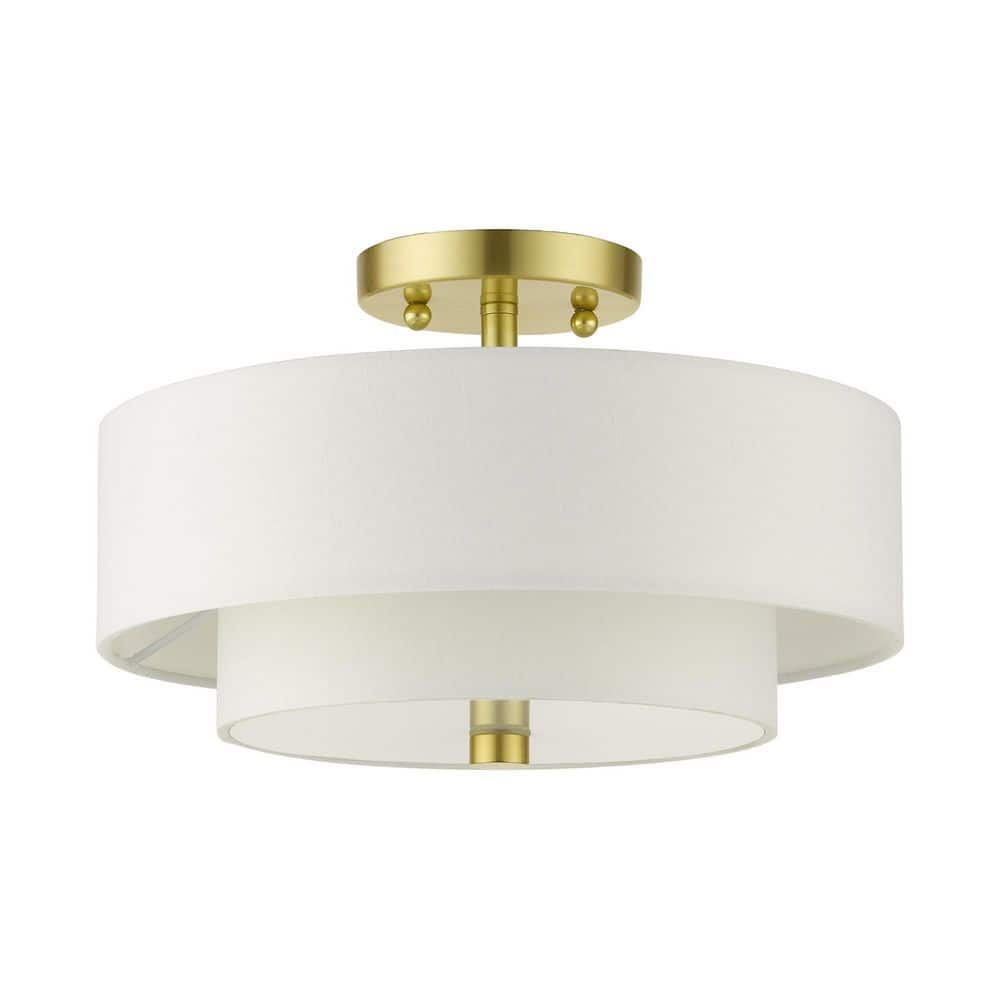 Satin Brass Glass Drum 2-Light Semi-Flush Mount